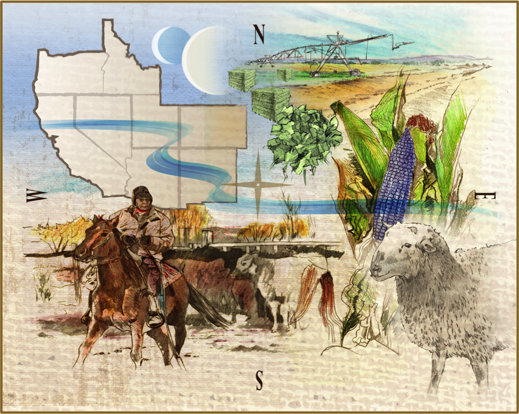 Artwork showing a map of the southwestern US and various agricultural scenes